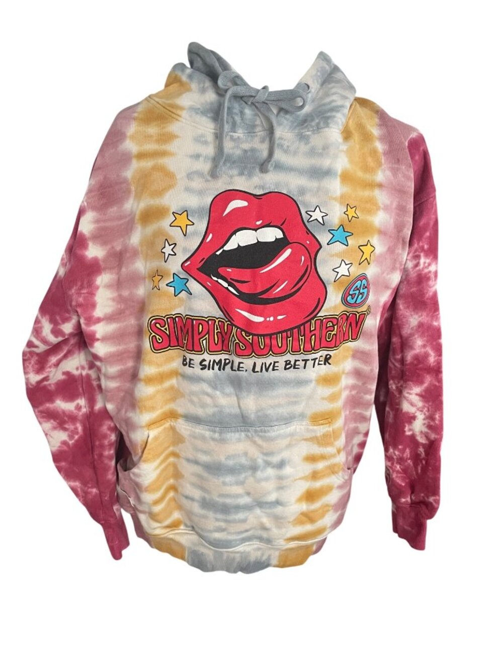 Simply Southern Tie-Dye Hooded Sweatshirt Lips Graphic on Front Back Sleeve 100%